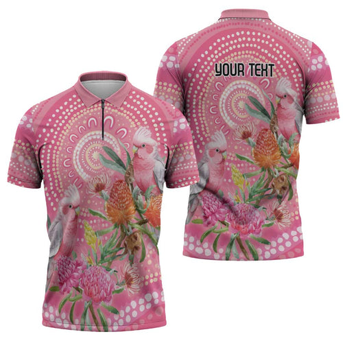 Personalized Pink Galah Aboriginal Dot Art Zipper Polo Shirt Australia’s Breast Cancer Awareness - Aussie Hoodie