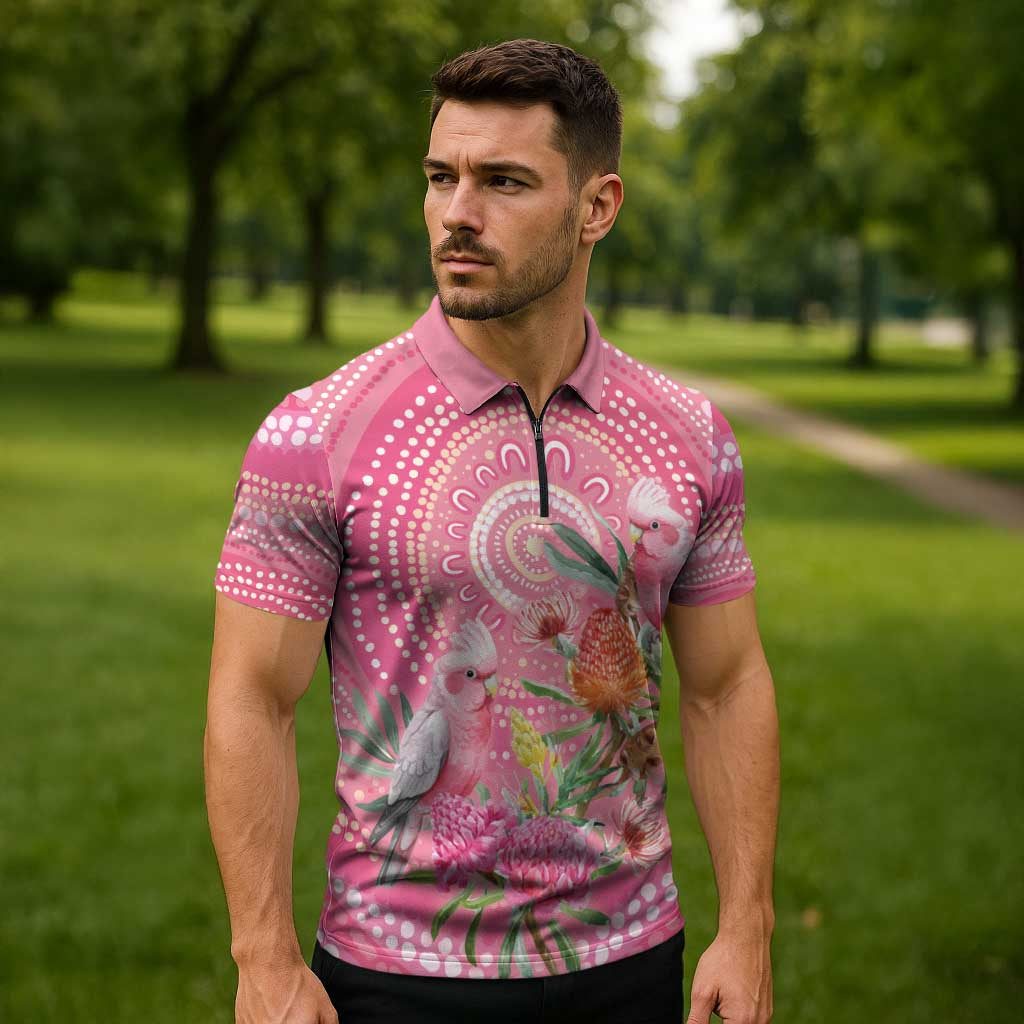 Personalized Pink Galah Aboriginal Dot Art Zipper Polo Shirt Australia’s Breast Cancer Awareness - Aussie Hoodie
