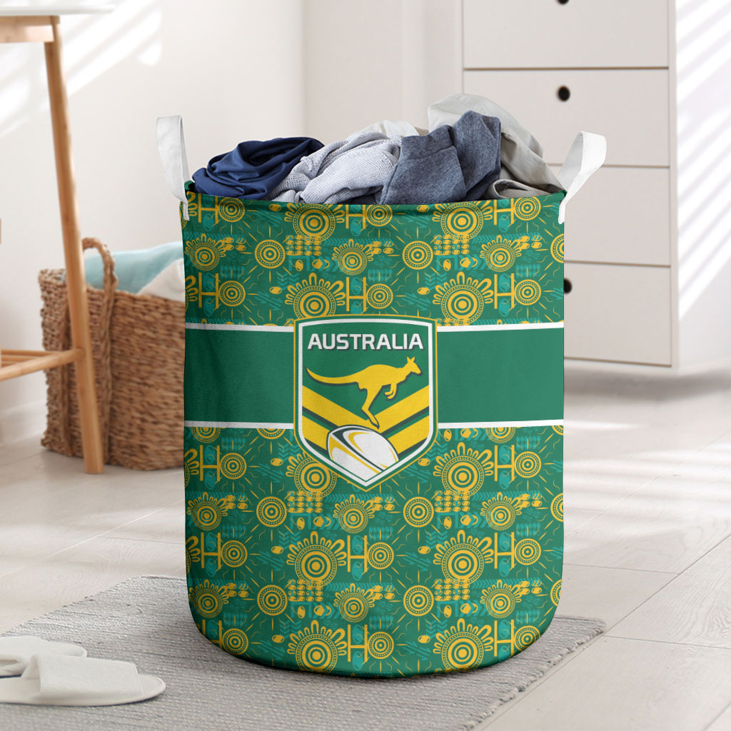 Australia Rugby Kangaroo Laundry Basket Green Gold Aboriginal Dot Geometry