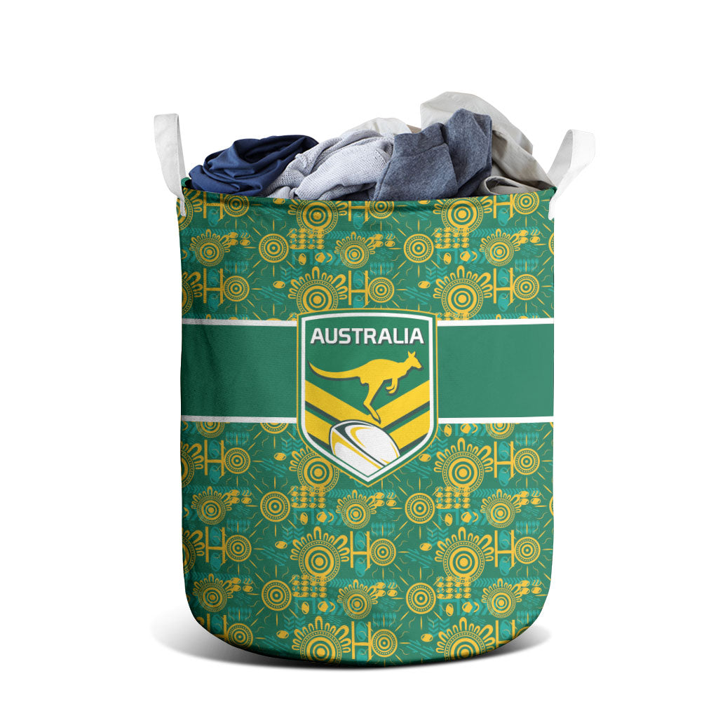 Australia Rugby Kangaroo Laundry Basket Green Gold Aboriginal Dot Geometry