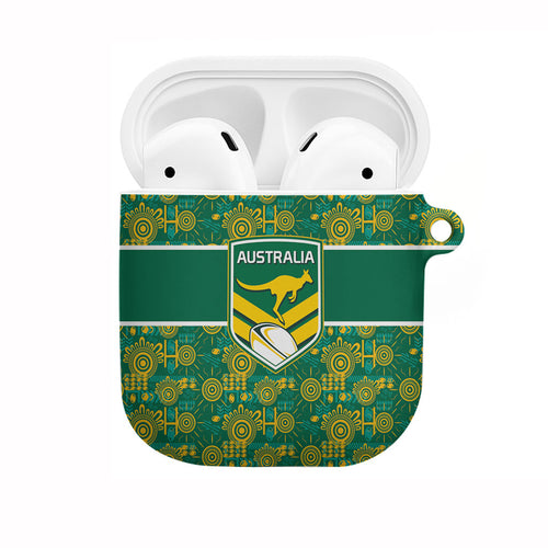Australia Rugby Kangaroo AirPods Case Green Gold Aboriginal Dot Geometry
