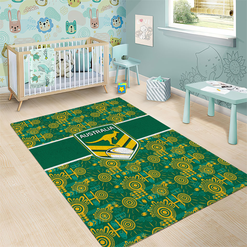 Australia Rugby Kangaroo Area Rug Green Gold Aboriginal Dot Geometry