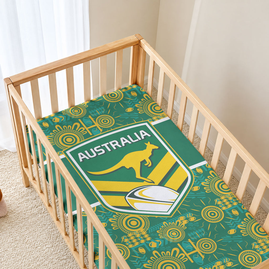 Australia Rugby Kangaroo Baby Bed Cover Green Gold Aboriginal Dot Geometry