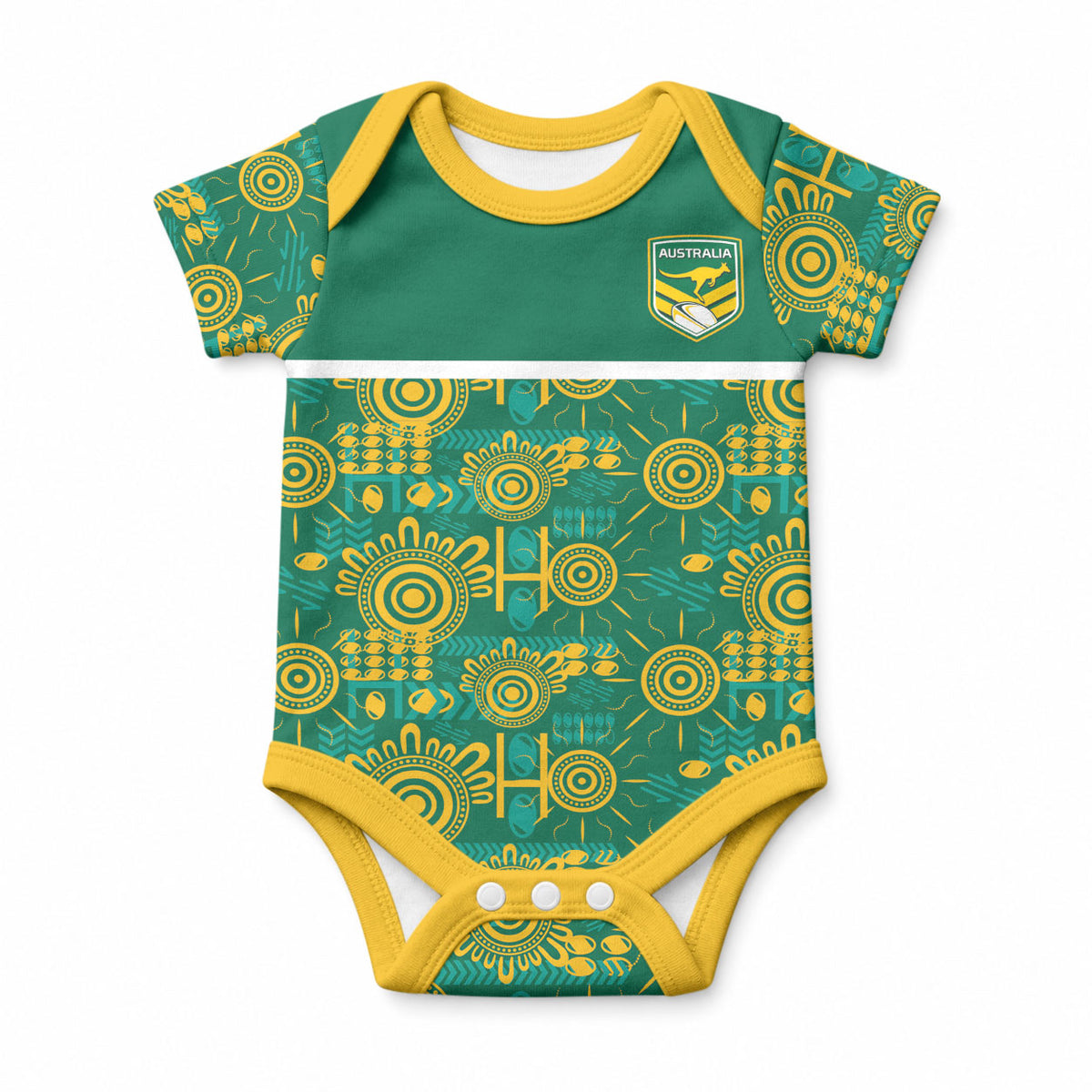 Australia Rugby Kangaroo Baby Onesie Green Gold Aboriginal Dot Geometry