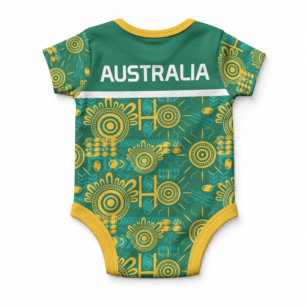 Australia Rugby Kangaroo Baby Onesie Green Gold Aboriginal Dot Geometry