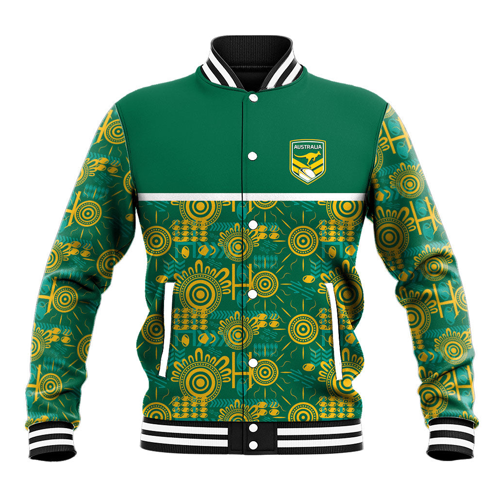 Australia Rugby Kangaroo Baseball Jacket Green Gold Aboriginal Dot Geometry