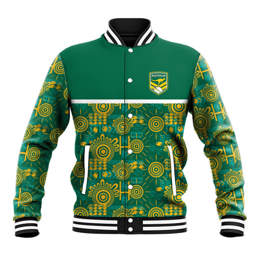 Australia Rugby Kangaroo Baseball Jacket Green Gold Aboriginal Dot Geometry