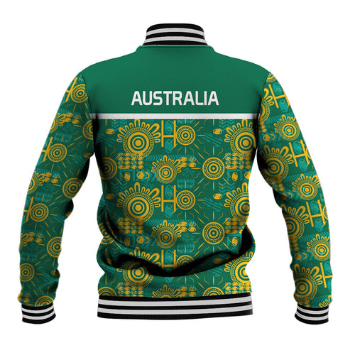 Australia Rugby Kangaroo Baseball Jacket Green Gold Aboriginal Dot Geometry
