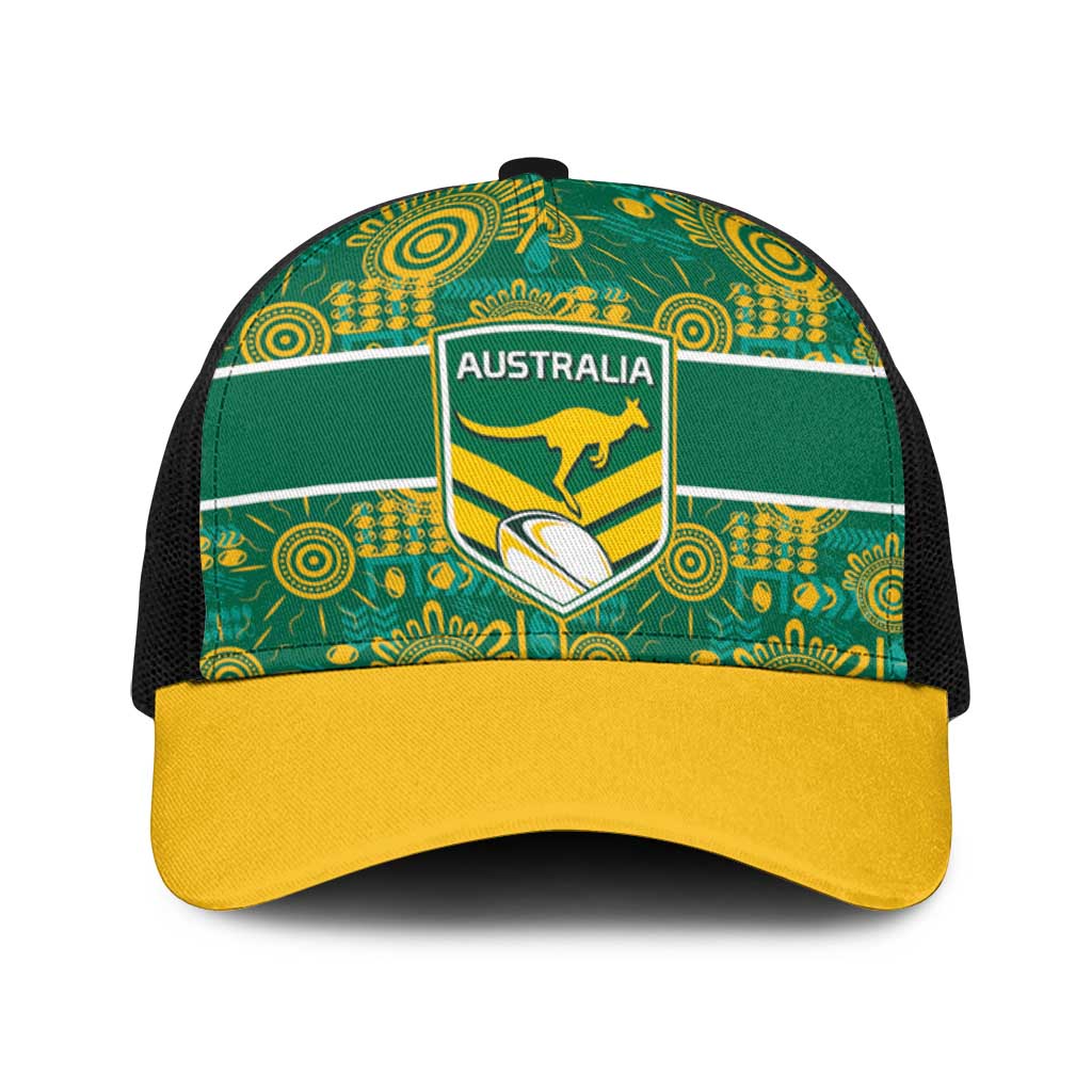 Australia Rugby Kangaroo Baseball Net Cap Green Gold Aboriginal Dot Geometry