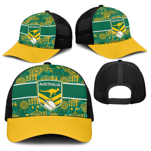 Australia Rugby Kangaroo Baseball Net Cap Green Gold Aboriginal Dot Geometry