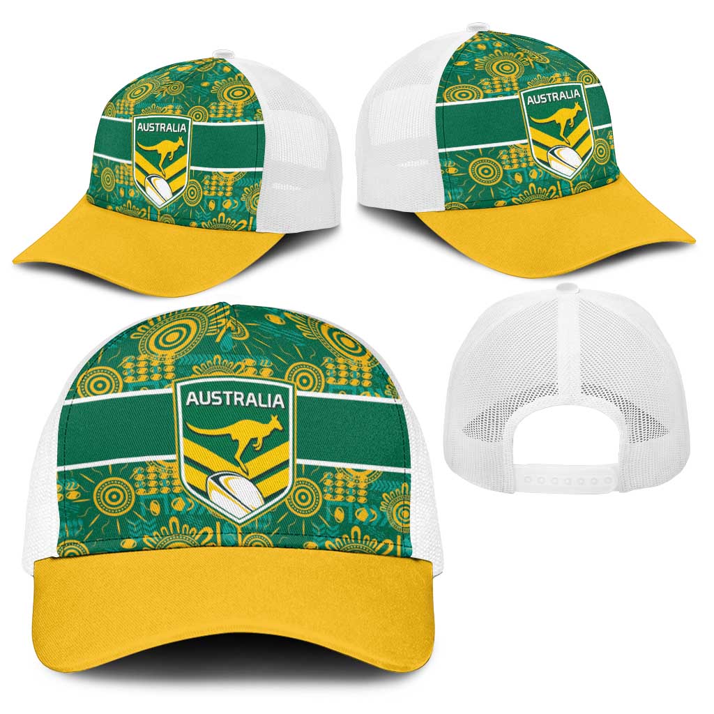 Australia Rugby Kangaroo Baseball Net Cap Green Gold Aboriginal Dot Geometry