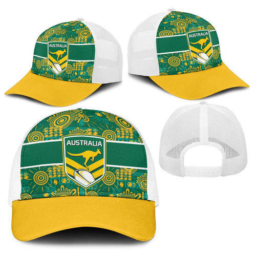 Australia Rugby Kangaroo Baseball Net Cap Green Gold Aboriginal Dot Geometry