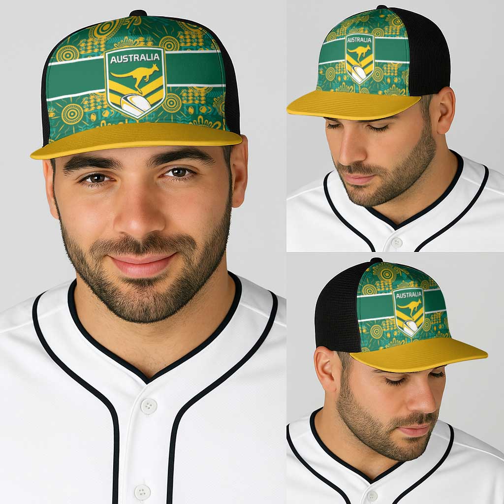 Australia Rugby Kangaroo Baseball Net Cap Green Gold Aboriginal Dot Geometry