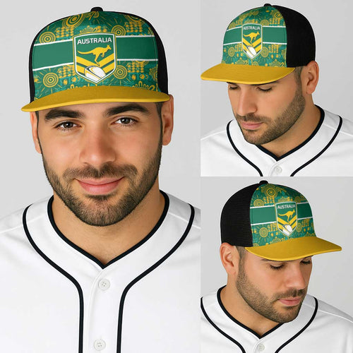Australia Rugby Kangaroo Baseball Net Cap Green Gold Aboriginal Dot Geometry