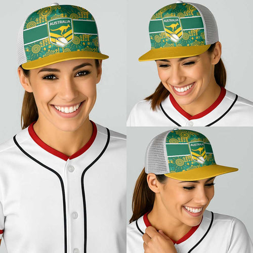 Australia Rugby Kangaroo Baseball Net Cap Green Gold Aboriginal Dot Geometry