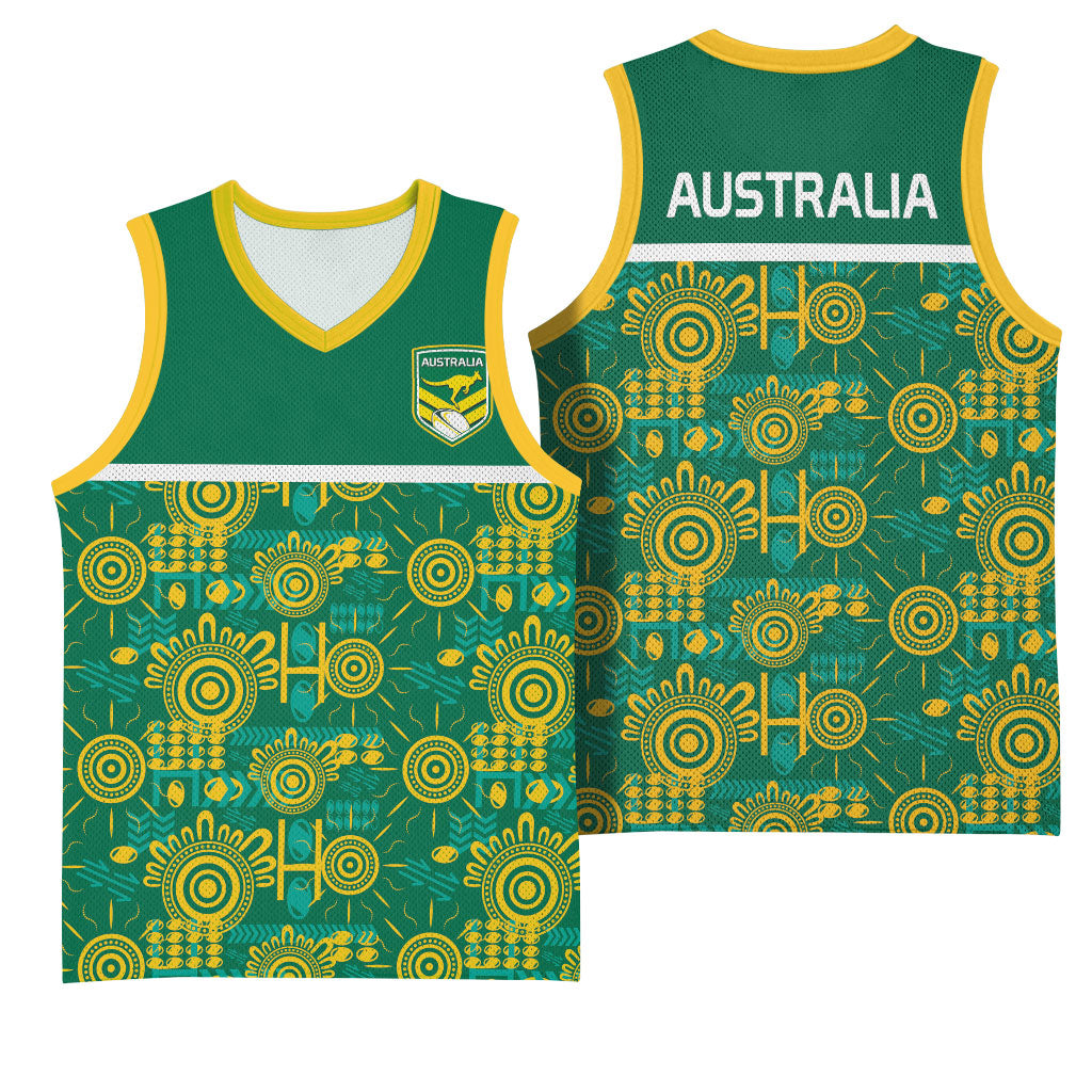 Australia Rugby Kangaroo Basketball Jersey Green Gold Aboriginal Dot Geometry