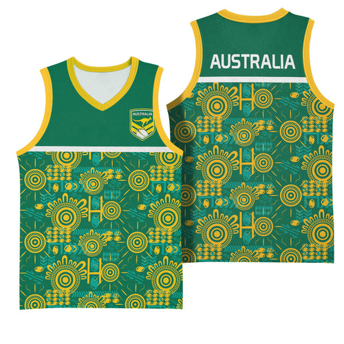Australia Rugby Kangaroo Basketball Jersey Green Gold Aboriginal Dot Geometry