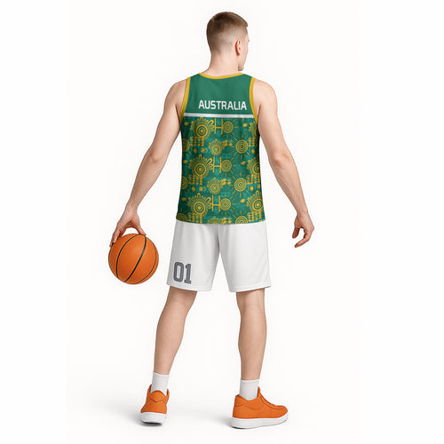 Australia Rugby Kangaroo Basketball Jersey Green Gold Aboriginal Dot Geometry