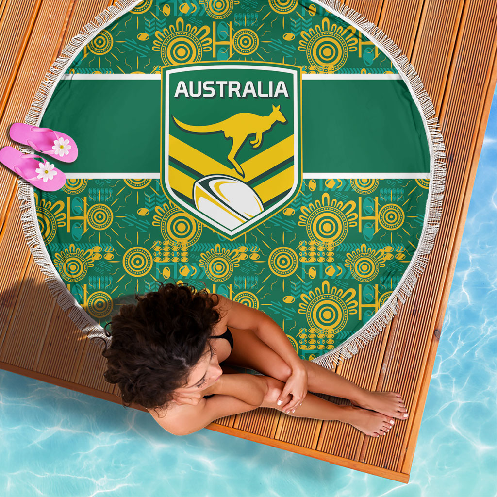 Australia Rugby Kangaroo Beach Blanket Green Gold Aboriginal Dot Geometry