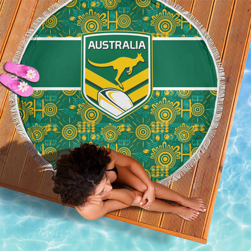 Australia Rugby Kangaroo Beach Blanket Green Gold Aboriginal Dot Geometry