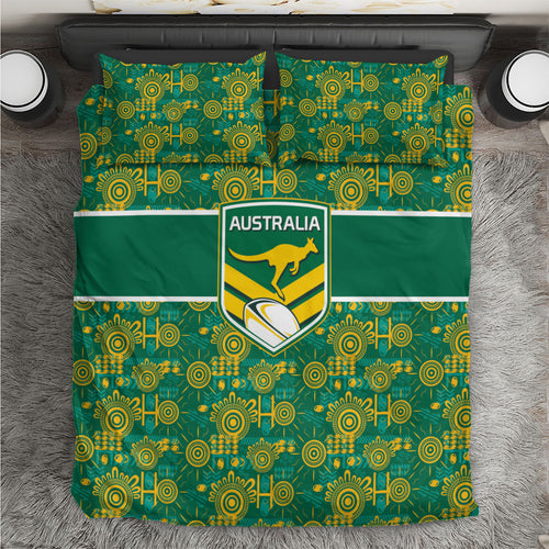Australia Rugby Kangaroo Bedding Set Green Gold Aboriginal Dot Geometry