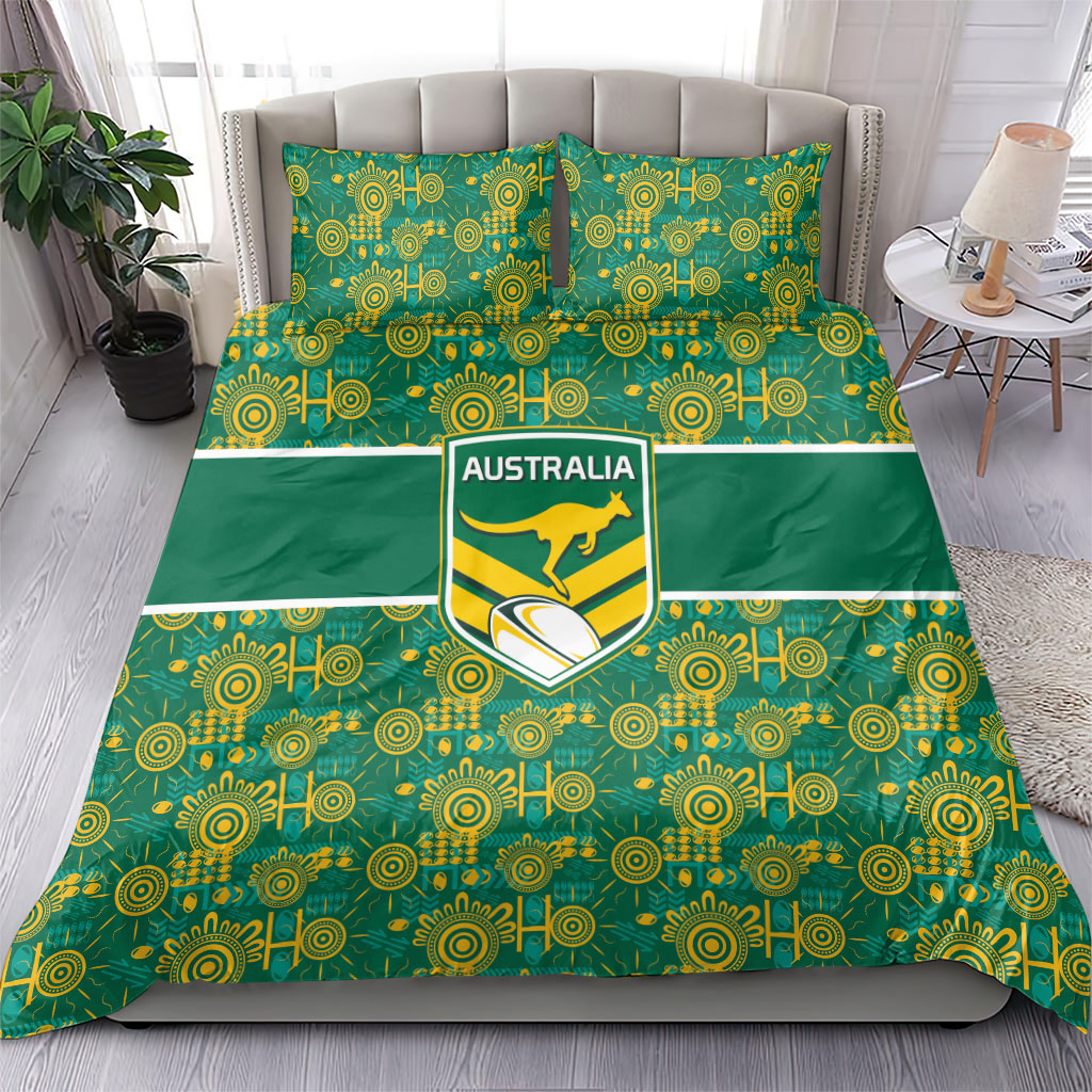 Australia Rugby Kangaroo Bedding Set Green Gold Aboriginal Dot Geometry