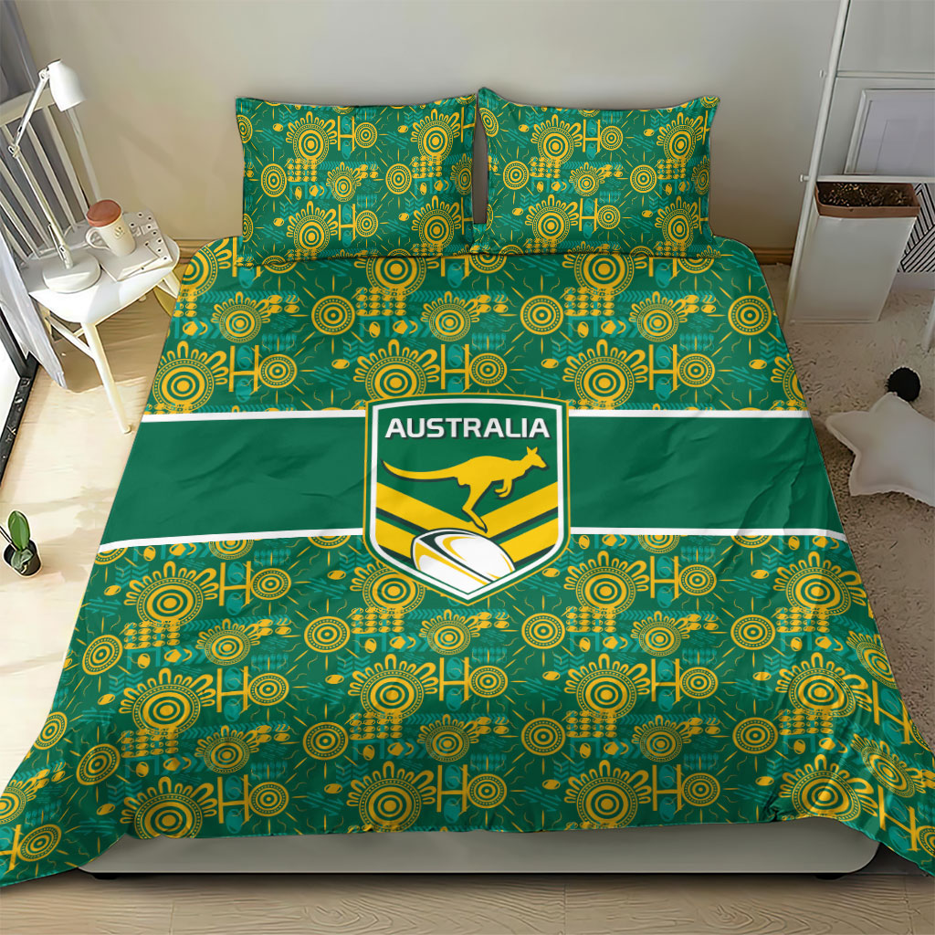 Australia Rugby Kangaroo Bedding Set Green Gold Aboriginal Dot Geometry
