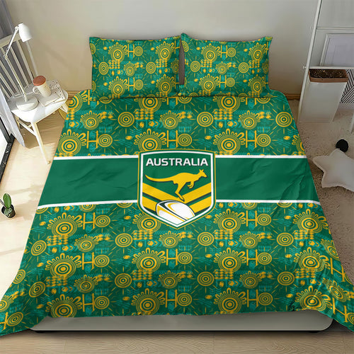 Australia Rugby Kangaroo Bedding Set Green Gold Aboriginal Dot Geometry