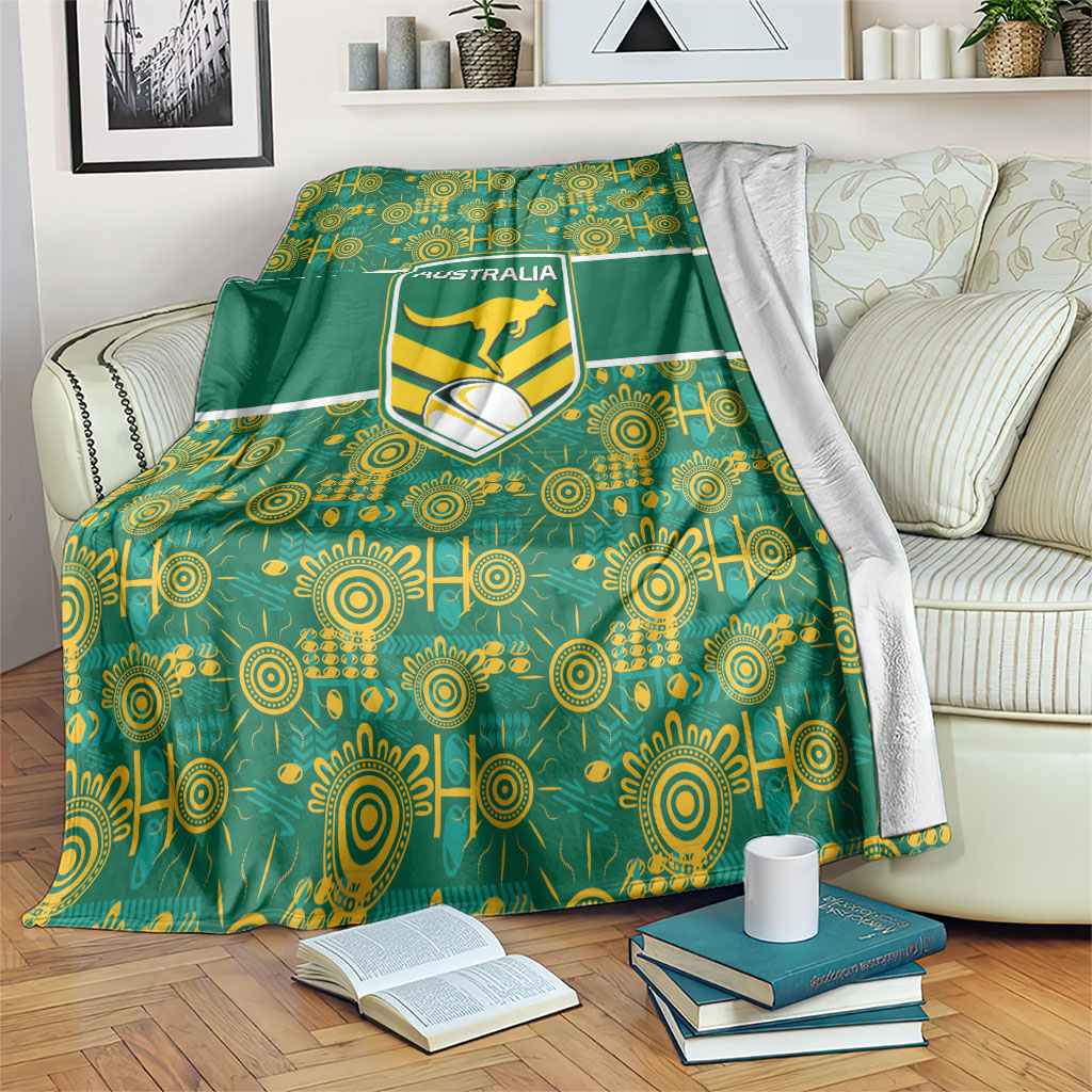 Australia Rugby Kangaroo Blanket Green Gold Aboriginal Dot Geometry