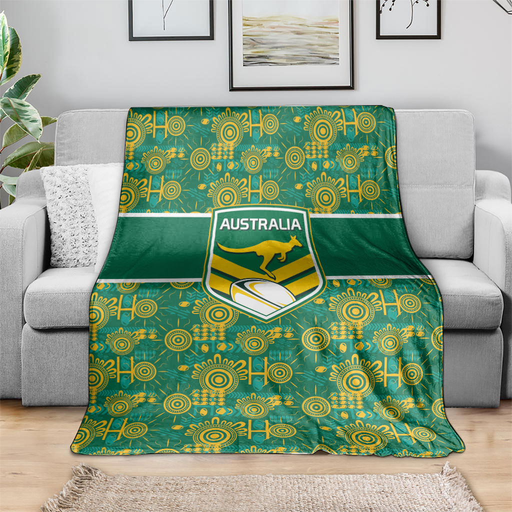 Australia Rugby Kangaroo Blanket Green Gold Aboriginal Dot Geometry
