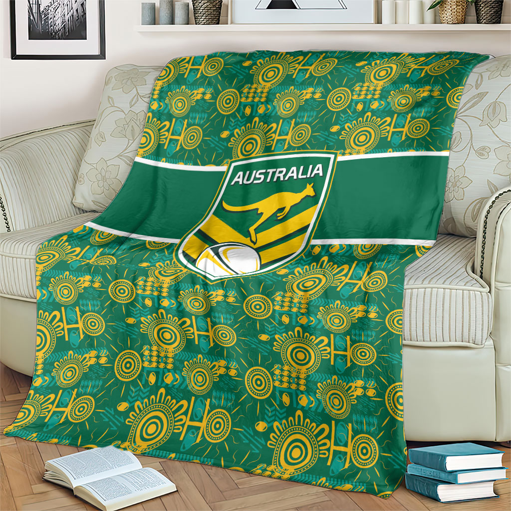 Australia Rugby Kangaroo Blanket Green Gold Aboriginal Dot Geometry