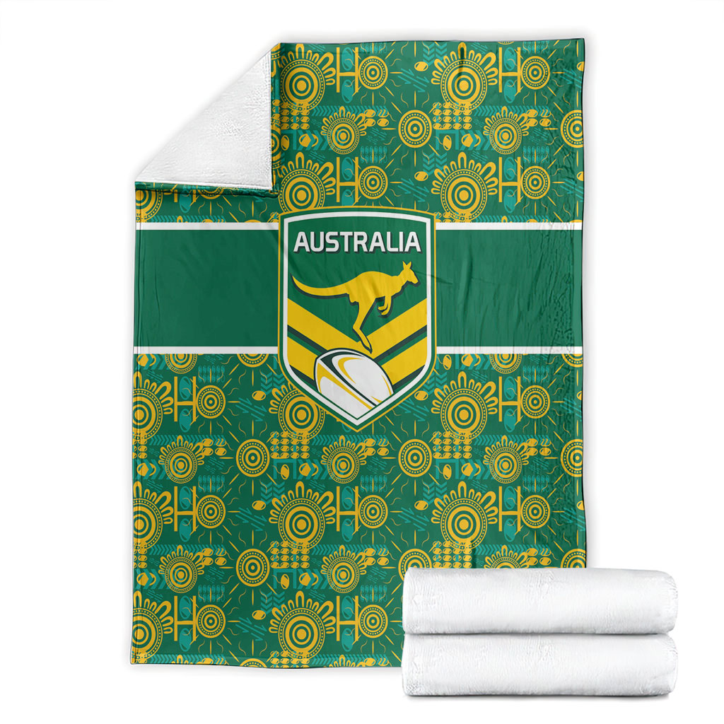 Australia Rugby Kangaroo Blanket Green Gold Aboriginal Dot Geometry