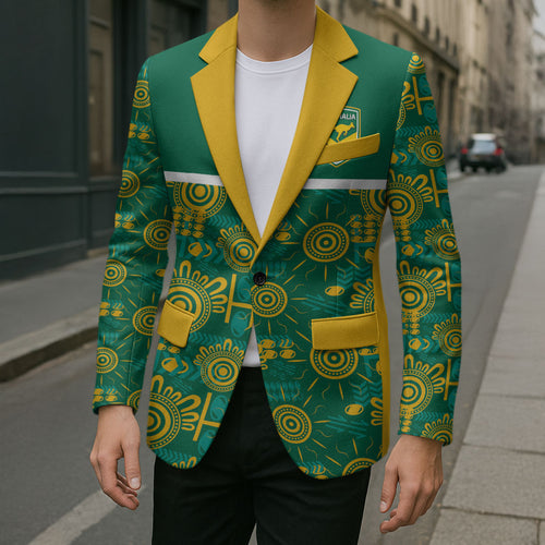 Australia Rugby Kangaroo Blazer Green Gold Aboriginal Dot Geometry