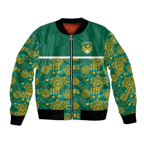 Australia Rugby Kangaroo Bomber Jacket Green Gold Aboriginal Dot Geometry