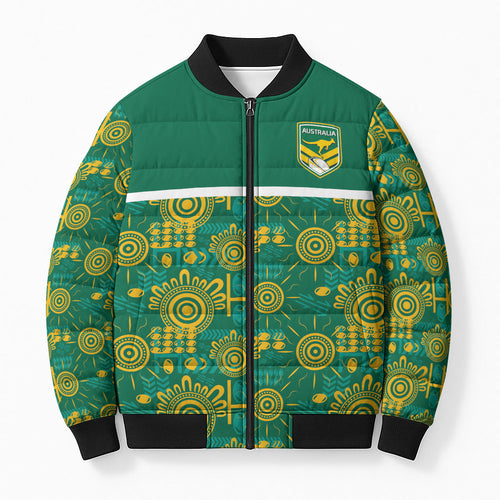 Australia Rugby Kangaroo Bomber Puffer Jacket Green Gold Aboriginal Dot Geometry