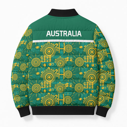 Australia Rugby Kangaroo Bomber Puffer Jacket Green Gold Aboriginal Dot Geometry