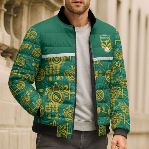 Australia Rugby Kangaroo Bomber Puffer Jacket Green Gold Aboriginal Dot Geometry