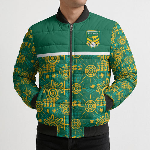 Australia Rugby Kangaroo Bomber Puffer Jacket Green Gold Aboriginal Dot Geometry