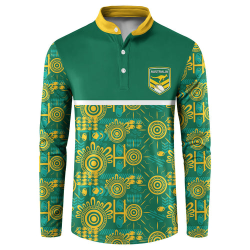 Australia Rugby Kangaroo Button Sweatshirt Green Gold Aboriginal Dot Geometry