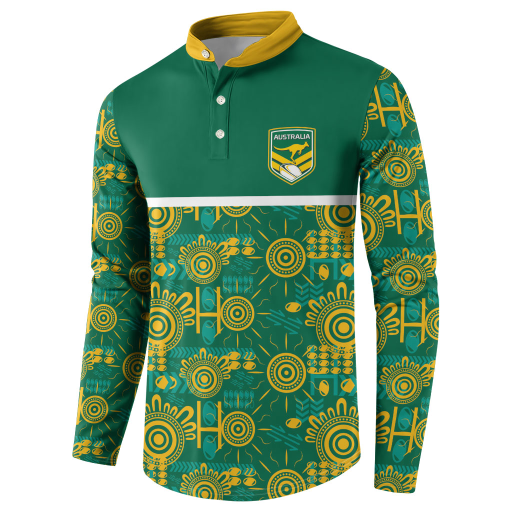 Australia Rugby Kangaroo Button Sweatshirt Green Gold Aboriginal Dot Geometry