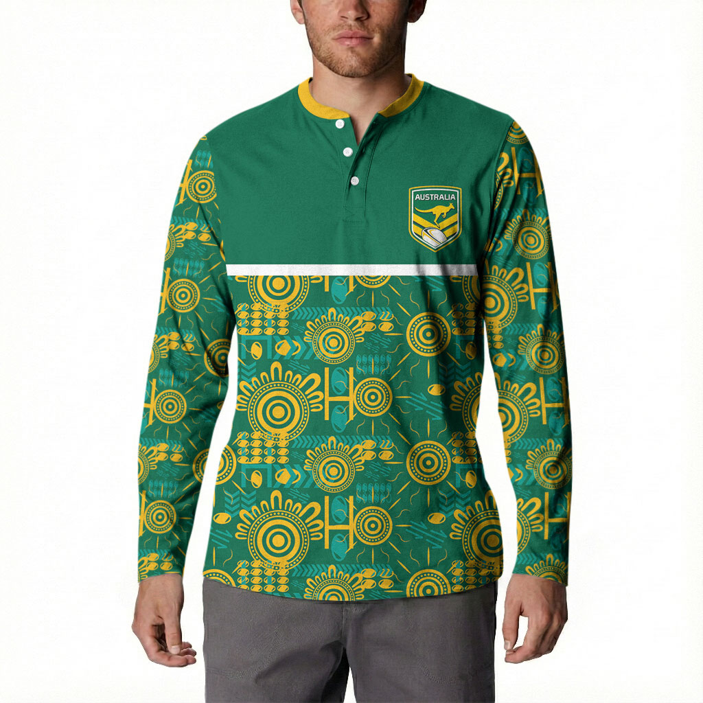 Australia Rugby Kangaroo Button Sweatshirt Green Gold Aboriginal Dot Geometry