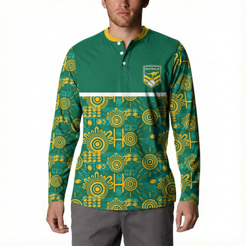 Australia Rugby Kangaroo Button Sweatshirt Green Gold Aboriginal Dot Geometry