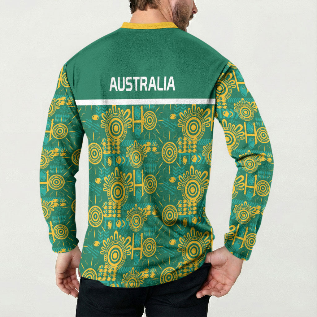 Australia Rugby Kangaroo Button Sweatshirt Green Gold Aboriginal Dot Geometry