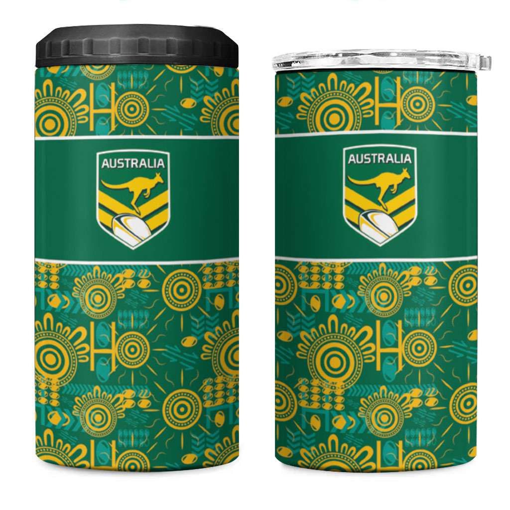 Australia Rugby Kangaroo 4 in 1 Can Cooler Tumbler Green Gold Aboriginal Dot Geometry