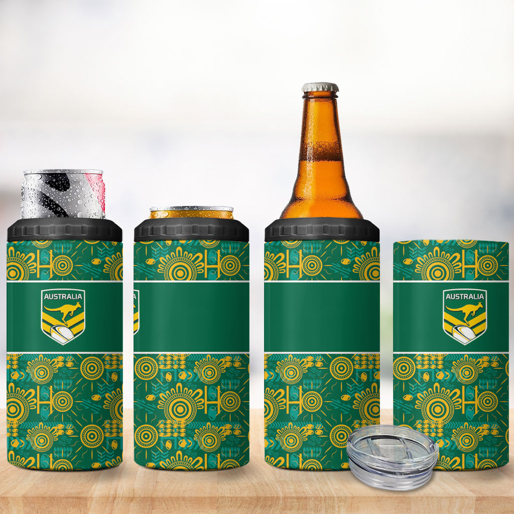 Australia Rugby Kangaroo 4 in 1 Can Cooler Tumbler Green Gold Aboriginal Dot Geometry