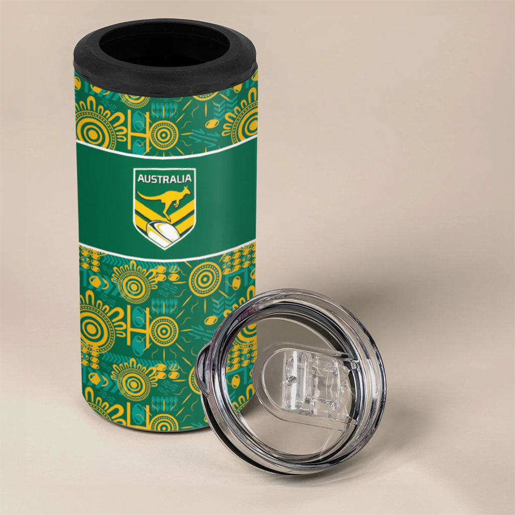 Australia Rugby Kangaroo 4 in 1 Can Cooler Tumbler Green Gold Aboriginal Dot Geometry