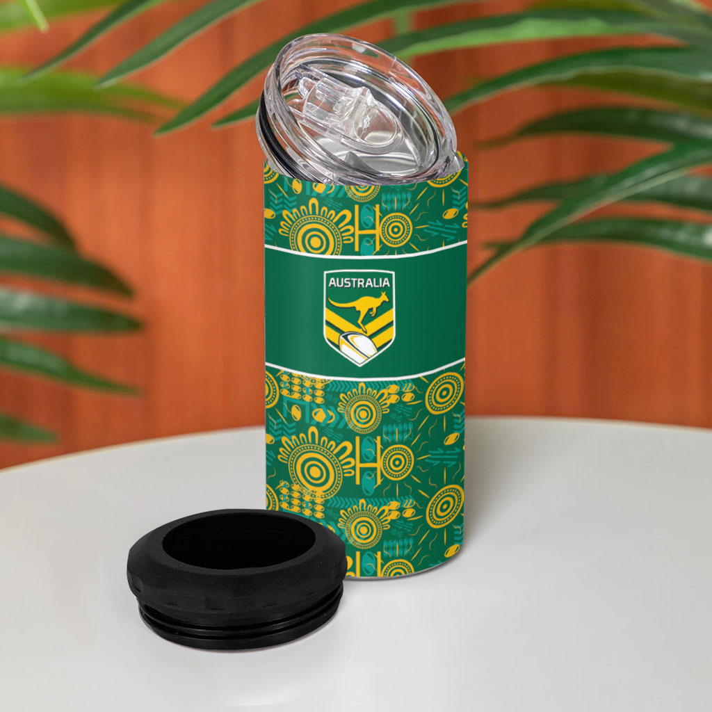 Australia Rugby Kangaroo 4 in 1 Can Cooler Tumbler Green Gold Aboriginal Dot Geometry