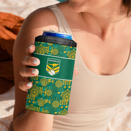 Australia Rugby Kangaroo 4 in 1 Can Cooler Tumbler Green Gold Aboriginal Dot Geometry