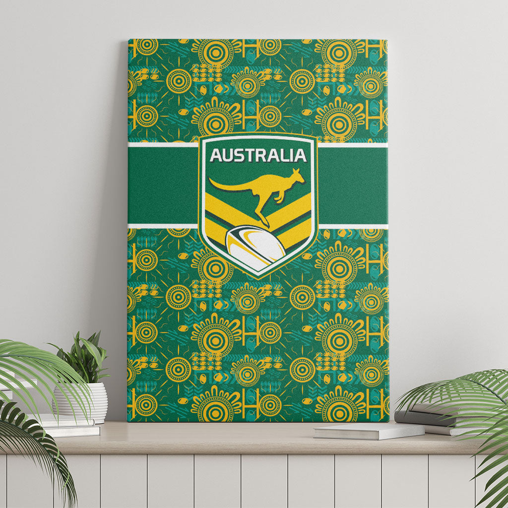 Australia Rugby Kangaroo Canvas Wall Art Green Gold Aboriginal Dot Geometry