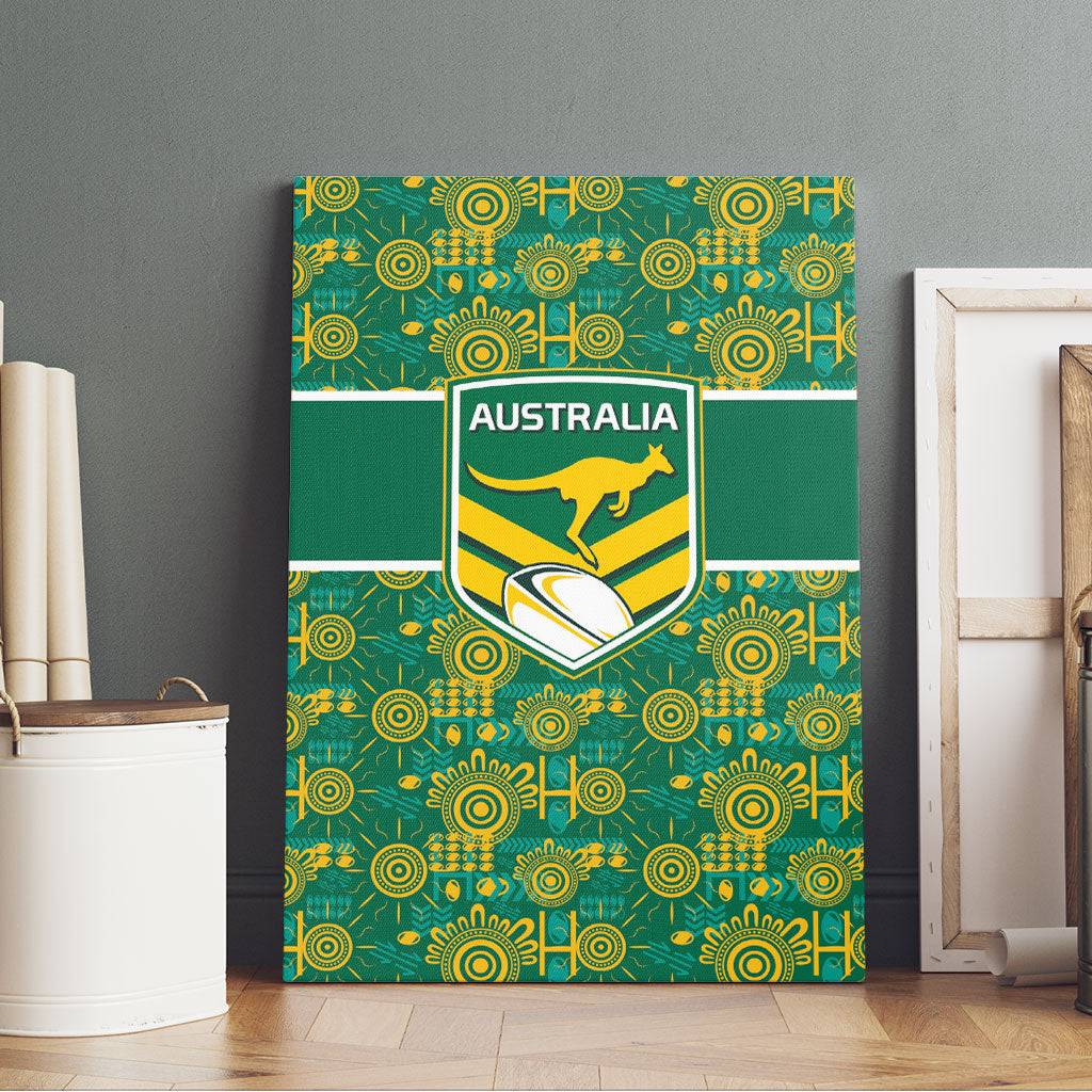 Australia Rugby Kangaroo Canvas Wall Art Green Gold Aboriginal Dot Geometry